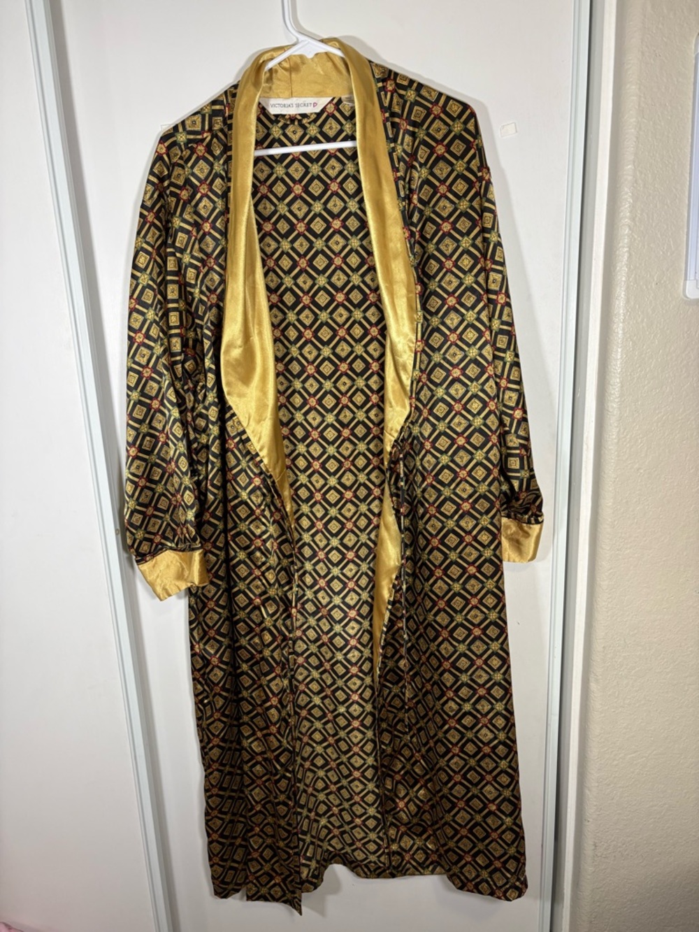 Victoria's Secret Satin Long Robe Full Length Gold Black Diamond M Y2K 90s